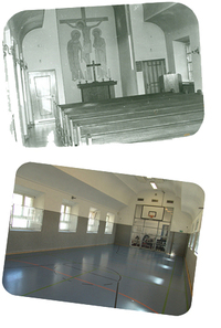 Kirchenraum 1966 und nach der Modernisierung als Sporthalle im Jahre 2005