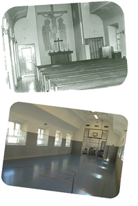 Kirchenraum 1966 und nach der Modernisierung als Sporthalle im Jahre 2005 Kirchenraum 1966 und nach der Modernisierung als Sporthalle im Jahre 2005